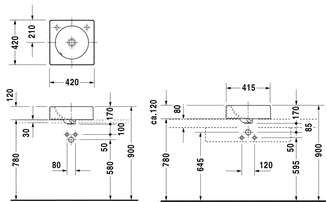 Раковина 420х420h170мм, без отверстия д/смесит., (крепл. в компл.) Architec ZZ