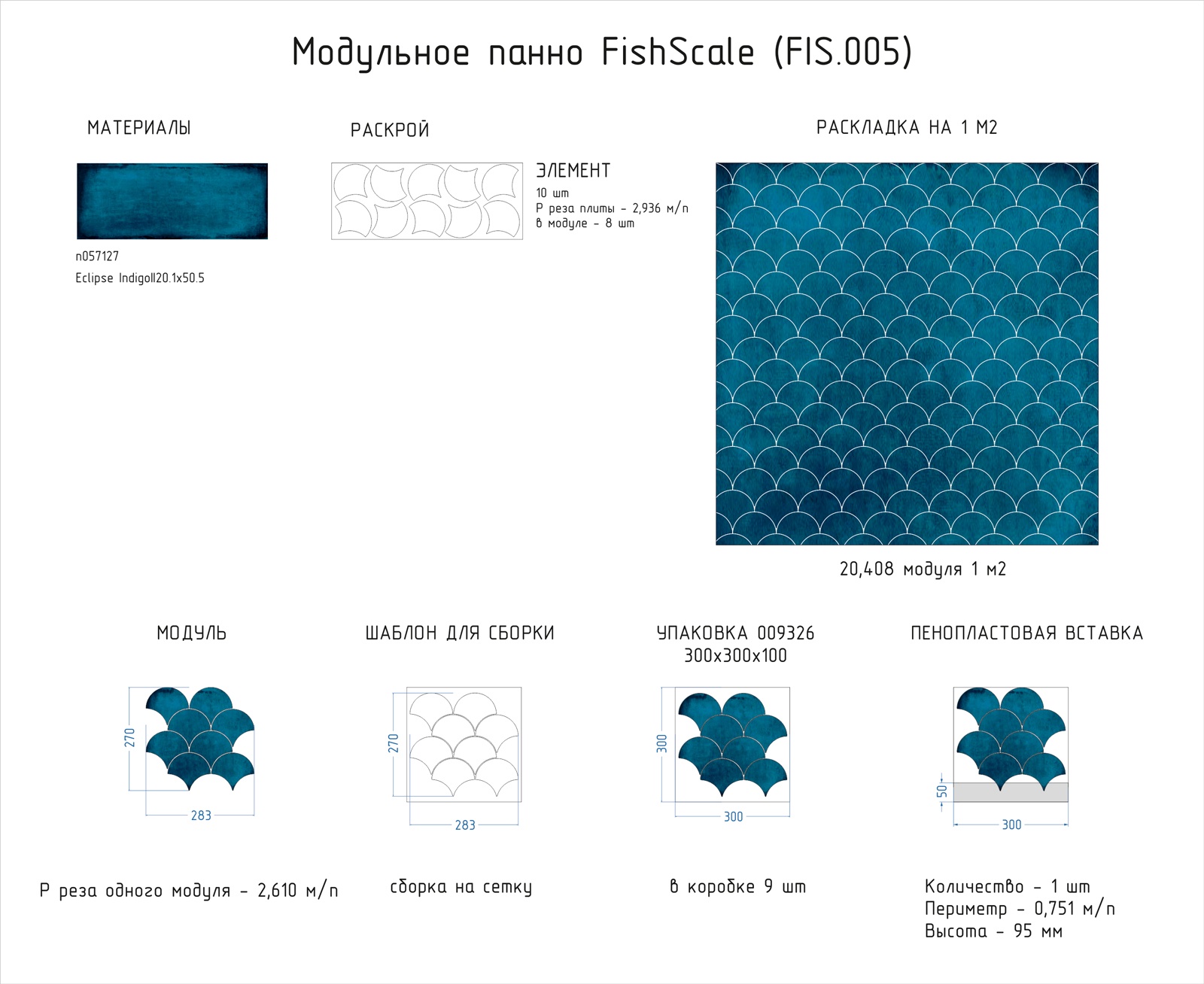 Мозаика ONDA Модульное панно FishScale (FIS.005) (n057127) 27x28,3 Синий, фото 4