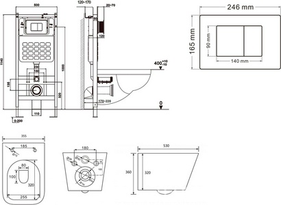 Комплект: унитаз подвесн безободковый, сиденье с микрол, цв.белый глян. инсталляция для подв.унитаза, крепёж, клавиша смыва цв.,черный мат, Rechtec ZZ Abber Rechteck AC1201-AC0105-AC0120MB