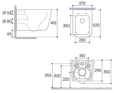 Унитаз подвесной 520х370мм, безободковый, смыв Tornado, сиденье с микролифтом, крепёж в компл., (цв.белый матовый), Macio