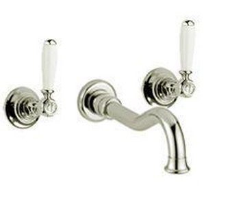 Cмеситель для раковины встр. в стену на 3 отв.,классич. излив 230мм, (цв. сатинир. никель, ручки вентили цв. белый),  ZZ Gaia Princeton RB869+RB19216/B NB satin