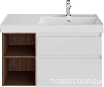 Тумба подвесная 90 см, правая, 2 выдвижных ящика + полки, без раковины, цв.белый матовый/орех Kerama Marazzi Cubo CUB.90.2Rh\WHTM.N