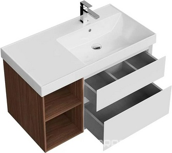 Тумба подвесная 90 см, правая, 2 выдвижных ящика + полки, без раковины, цв.белый матовый/орех Kerama Marazzi Cubo CUB.90.2Rh\WHTM.N