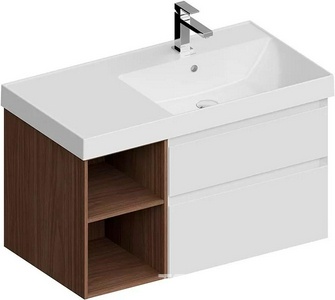 Тумба подвесная 90 см, правая, 2 выдвижных ящика + полки, без раковины, цв.белый матовый/орех Kerama Marazzi Cubo CUB.90.2Rh\WHTM.N