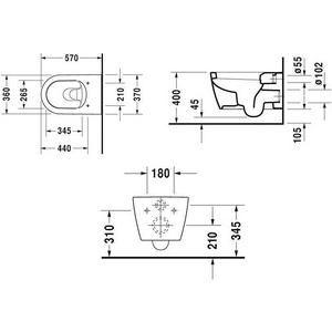 Унитаз подвесной, 375х570мм, без смывного края, (без сиденья), крепл. в компл., (с покрытием HygieneGlaze),  ZZ Duravit ME by Starck 252909 20 00