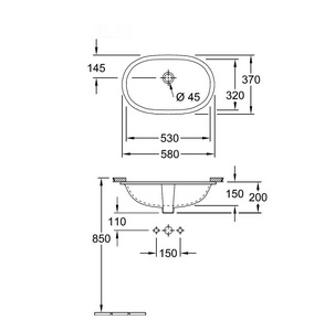 Раковина встраиваемая снизу, 530х320мм, без отв.д/смесит., с переливом, крепёж в компл., (цв. 01 белый),  Villeroy & Boch O.Novo 41625001