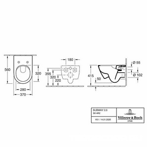 Унитаз подвесной 370х560мм, безободковый, скрытый крепёж "SupraFix", сиденье Slim с микролифтом в компл.,(цв.R1 White cer+),  Villeroy & Boch Subway 2.0 5614R2R1