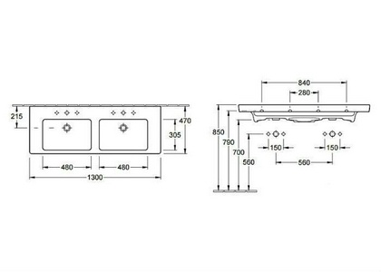 Раковина двойная1300х470мм, с 2 отв.д/смесителя, для установки с мебелью и п/пьедесталом, (цв. 01white),  ZZ Villeroy & Boch Subway 2.0 7175D001