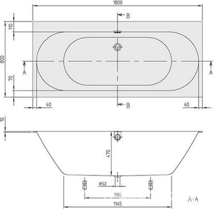 Ванна 1800х800хh470мм,(кварил цв.белый), слив-перелив с клапаном Push Open цв.хром+белый, ножки пласт.h130-180мм в компл.,  ZZ Villeroy & Boch Oberon 2.0 UBQ180OBR2DV-01