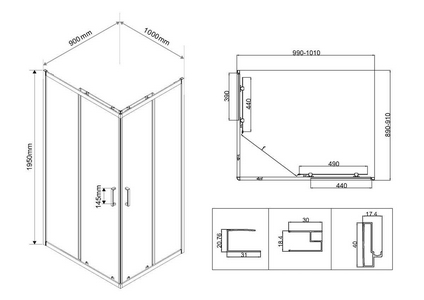 Душевой уголок 1000х900хh1950мм, прямоуг., правый/левый, (стекло прозрачное 5мм, фурн.цв.черный матовый),  Vincea City VSS-5CT9010CLB