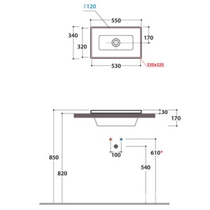Раковина встраиваемая в столешницу сверху, прямоугольная 550х340хh170мм, без отв.д/смесит., с переливом,  ZZ Globo Stockholm FO056.BI