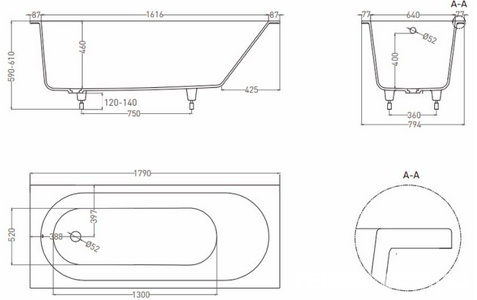 Ванна 178х80хh60cм, литой камень Solid Surface цв.белый матовый, литые ножки,  LOFO LOFO UM12322