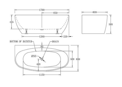 Ванна 1700x800xh580мм, акрил, пристенная, БЕЗ перелива, пробка сливного отверстия цв.хром в комплекте, BelBagno ZZ BelBagno Универсал BB83-1700-W0