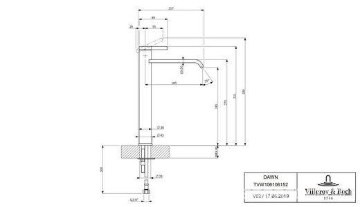 Смеситель для раковины, Высокий, без д/к, (цв.золото сатинированное),  ZZ Villeroy & Boch Dawn TVW10610615276