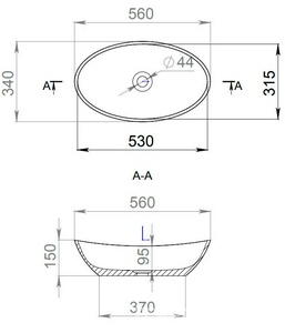 Раковина накладн. на столешн,овал.555х340хh150мм,без отв.д/смес,без перелива,литой камень S-Stone, матов цв.RAL9011 снаружи,  Salini Noemi 1101203SMRH / снаружи  RAL9011 Graphite black (черный матовы