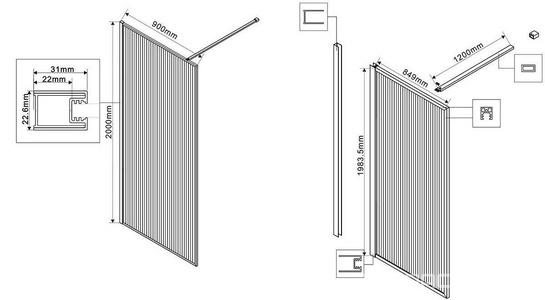Душевая перегородка 900хh2000мм, правая/левая, (стекло рифленое 8мм Easy Clean, укорачиваемый кронштейн 1200мм, фурнит.цв.вороненая сталь),  ZZ Vincea Walk-In VSW-1HP900FLGM