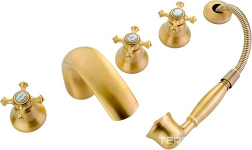 Смеситель для ванны, встраиваемый в борт, на 5 отв., лейка, шланг, встр.часть в компл., (цв.бронза),  ZZ Migliore Prestige 31609