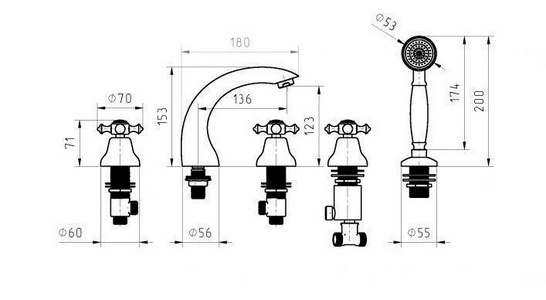 Смеситель для ванны, встраиваемый в борт, на 5 отв., лейка, шланг, встр.часть в компл., (цв.бронза),  ZZ Migliore Prestige 31609