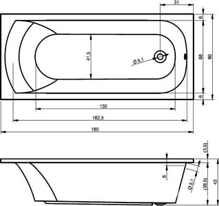 Ванна 180х80см, без ножек/рамы, панелей, слива-перелива, (акрил цв.белый),  ZZ Riho Miami B061001005