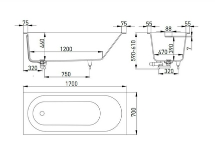 Ванна 1700х700хh600мм, встраив., литой камень S-Sense матовый цв.белый, д/к Up&Down в цвет ванны, интегрир.слив-перелив, ножки компл,  ZZ Salini Ornella Kit 102413M