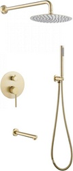 Душ.система встр.в стену: смеситель, стац.верхний душ 25см., шланг, лейка, кронштейн совмещ.с вых воды в компл., излив (цв.матовое золото), Emotion ZZ
