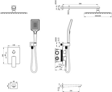 Душевой к-т: смеситель встр.в стену, верхний душ 300х300мм, ручн.душ, шланг, кронштейн совмещ. со шланг.подсоед., излив, (цв.хром),  ZZ Oliveeka D-LINE OL-88939003-CR