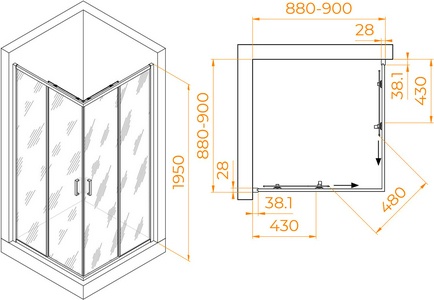 Душевой уголок, квадрат 900х900хh1950мм, сдвижные двери, правая/левая, (стекло прозрачное 6мм Easy Clean, фурнитура цв.хром),  ZZ RGW Passage 03083999-11