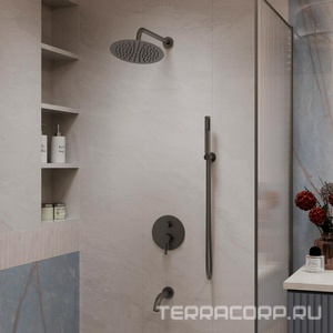 Душевой к-т: смеситель встр.в стену, верхний душ d250мм,, ручной душ, шланг, кронштейн совмещ. со шланг.подсоед., излив, (цв.вороненая сталь), ZZ Vincea Villa VSFW-1VL3GM