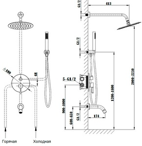 Душевой к-т: смеситель встр.в стену, верхний душ d250мм,, ручной душ, шланг, кронштейн совмещ. со шланг.подсоед., излив, (цв.вороненая сталь), ZZ Vincea Villa VSFW-1VL3GM