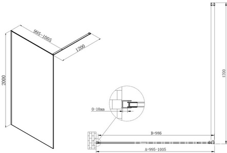 Душевая перегородка 1000хh2000мм, правая/левая, (стекло с золот.нитями.8мм, попереч.укорачив. кронштейн 1200мм, фурнит.цв.брашир.золото),  ZZ Vincea Walk-In VSW-7HS100GWG