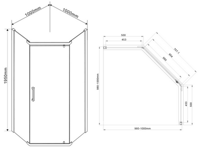 Душевой уголок 1000х1000хh1950мм, 5-ти угольный, распашн дверь правая/левая, с 2 неподв.сегмент, (стекло прозр.6мм, фурн.цв.воронен.сталь),  ZZ Vincea Stresa VSP-1S100CLGM