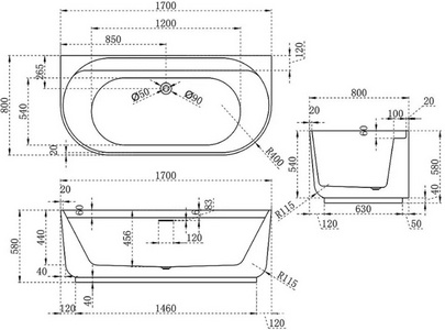 Ванна 1700х800хh580мм, пристенная, интегрир.слив перелив, д/к в цвет ванны в компл.,(акрил цв.белый), Vincea ZZ Vincea Ванны VBT-621