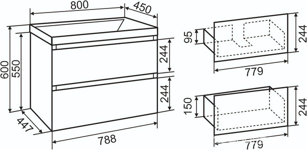 Тумба подвесная 80 см, без раковины, 2 выдвижных ящика,  цвет белый Aqua de Marco Astra 2080WСAST/H