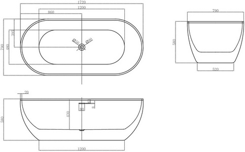 Ванна 1720х790h580мм, отдельностоящая, интегрированный слив-прелив крышка слива в цвет ванны., ножки в компл., (акрил цв.белый матовый), Abber ZZ Abber Универсал AB9241MW