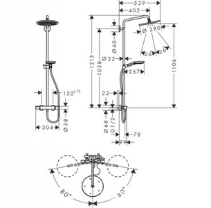 Смеситель для душа (термостат) со стац.верхним душем d280мм, ручной душ, шланг в компл.(цв.полированное золото), Croma Select S Showerpipe 280 1jet ZZ Hansgrohe Raindance Select 26890990