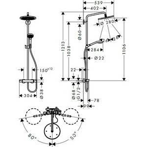 Смеситель для душа (термостат) со стац.верхним душем d280мм, ручной душ, шланг в компл.(цв.черный матовый), Croma Select S Showerpipe 280 1jet ZZ Hansgrohe Raindance Select 26890670