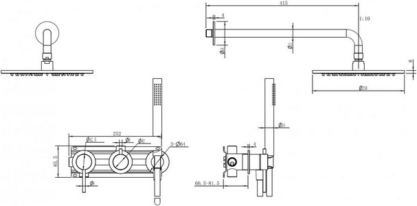 Душевая система встр.в стену: смес д/д, стац.верхний душ d25см., шланг, лейка, кронштейн в компл., (цв.золото браш.),  ZZ Abber Wasser Kreis AF8118BG