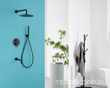 Душевая система встр.в стену: смес д/д, стац.верхний душ d25см., шланг, лейка, кронштейн, излив в компл., (цв.черный матовый),  ZZ Abber Wasser Kreis AF8117B