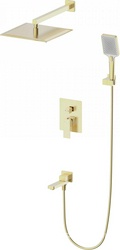 Душ.система встр.в стену: смеситель, стац.верхний душ 30х30см, излив, шланг, лейка, кронштейн совмещ.с вых воды в компл.,(цв.браш.золото), CUBE 2.0 ZZ