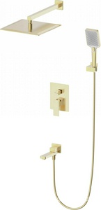 Душ.система встр.в стену: смеситель, стац.верхний душ 30х30см, излив, шланг, лейка, кронштейн совмещ.с вых воды в компл.,(цв.браш.золото),  ZZ Wonzon & Woghand CUBE 2.0 WW-88087068-BG