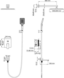 Душ.система встр.в стену: смеситель, стац.верхний душ 30х30см, излив, шланг, лейка, кронштейн совмещ.с вых воды в компл.,(цв.браш.золото),  ZZ Wonzon & Woghand CUBE 2.0 WW-88087068-BG