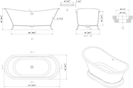 Ванна 1700x750хh665мм, отдельностоящая, интегрированный слив-перелив, д/к в цвет ванны в компл., (искусств.камень цв.белый),  Classic ZZ Allen Brau Krion 2.35004.21