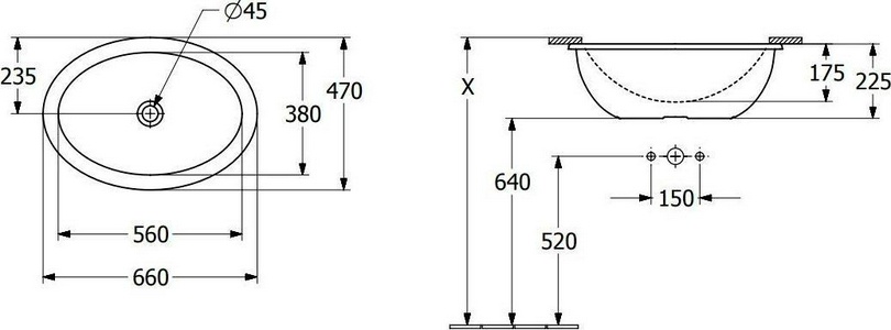 Раковина встраиваемая снизу 560x380x220мм, без отв.для смесителя, с переливом, крепёж в компл., (цв.R1white alpin cer+),  ZZ Villeroy & Boch Loop & Friends 4A5500R1
