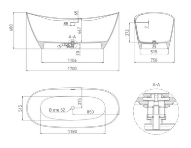 Ванна 1700х750хh690мм, отдельностоящая, литой камень S-Stone, матовая, нажимной слив камень в цвет ванны,  170 ZZ Salini Noemi 101722M