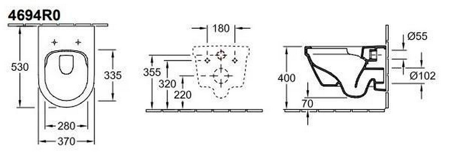 Унитаз подвесной, 370х530мм, с открытой кромкой смыва, (без сиденья), круглая модель, (цв. 01 white),  ZZ Villeroy & Boch Architectura 4694R001