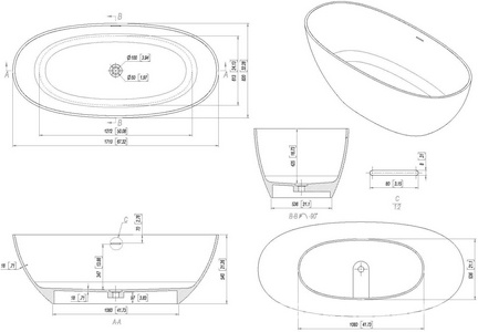 Ванна 1700x800хh540мм, отдельностоящая, интегрированный слив-перелив, д/к в цвет ванны в компл., (искусств.камень цв.белый),  Oval ZZ Allen Brau Krion 2.35003.21