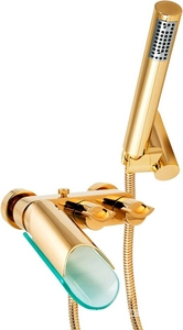 Смеситель для ванны, лейка, шланг, кронштейн в компл., (цв.золото PVD, излив стекло),  ZZ Paini Morgana 73OP105VR