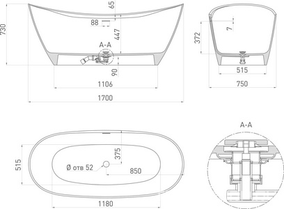 Ванна 1700х750хh690мм, отдельностоящая, литой камень S-Sense, глянец, нажимной слив камень в цвет ванны,  170 ZZ Salini Noemi 101712G