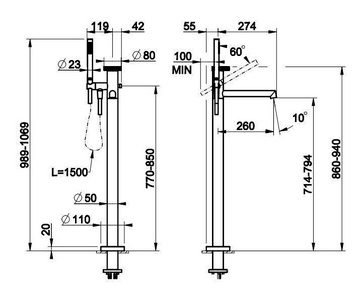 Смеситель для ванны, напольный, с душевой лейкой и шлангом, БЕЗ встраиваемой части арт.46189 031, (цв.Warm Bronze Brushed PVD),  ZZ Gessi Anello 63328 726