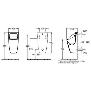 Писсуар 325x680x355мм, скрытый подвод воды, патрон сифона, керамич.крышка слива, крепёж в комп, квадр.модель, (цв. 01 white alpin),  ZZ Villeroy & Boch Architectura 55870001